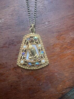 Gold-Tone Praying Hands Pendant Necklace with Pearls and Aurora Crystals